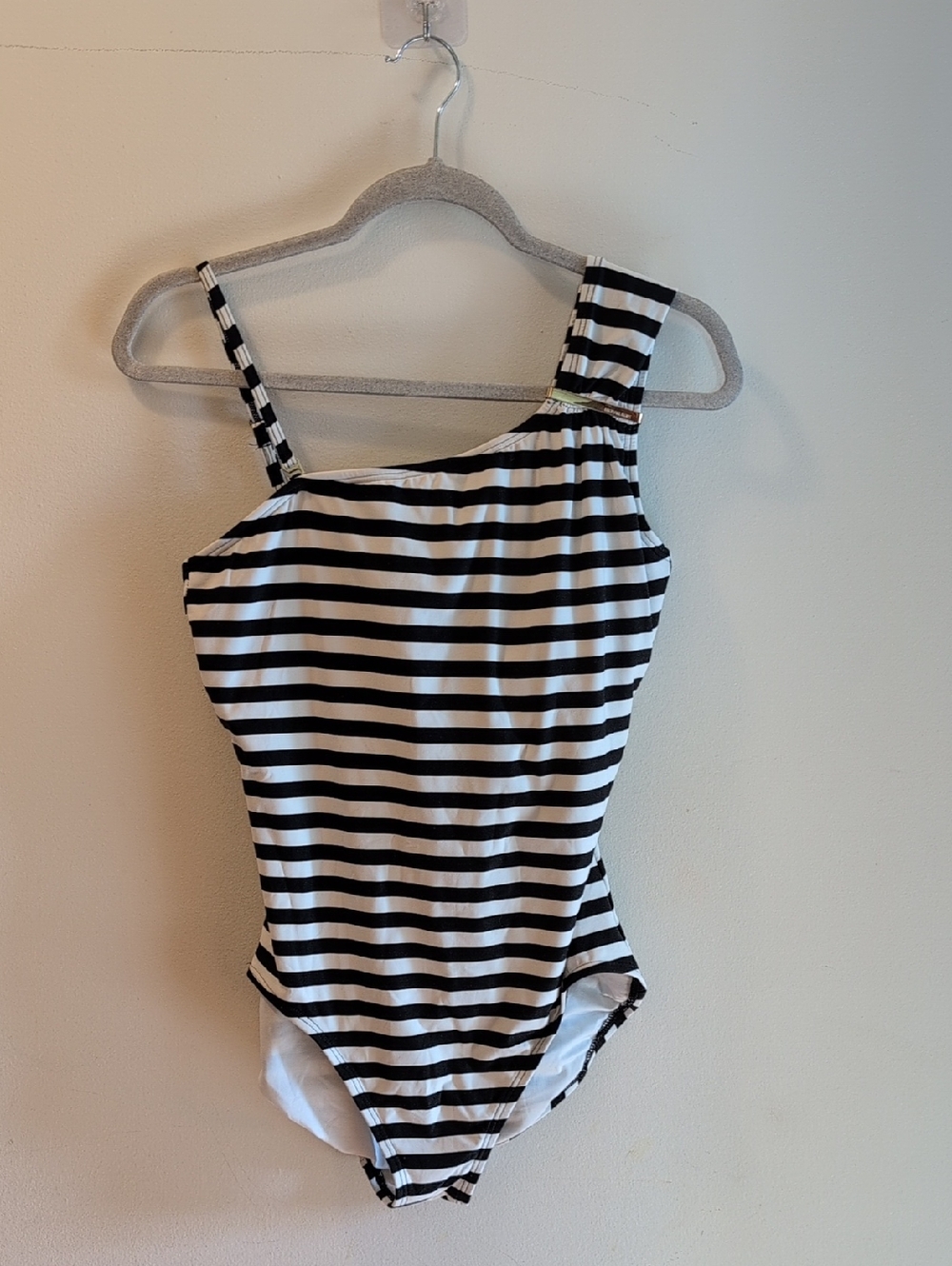 MICHAEL Michael Kors Black and White Striped One-Shoulder Swimsuit